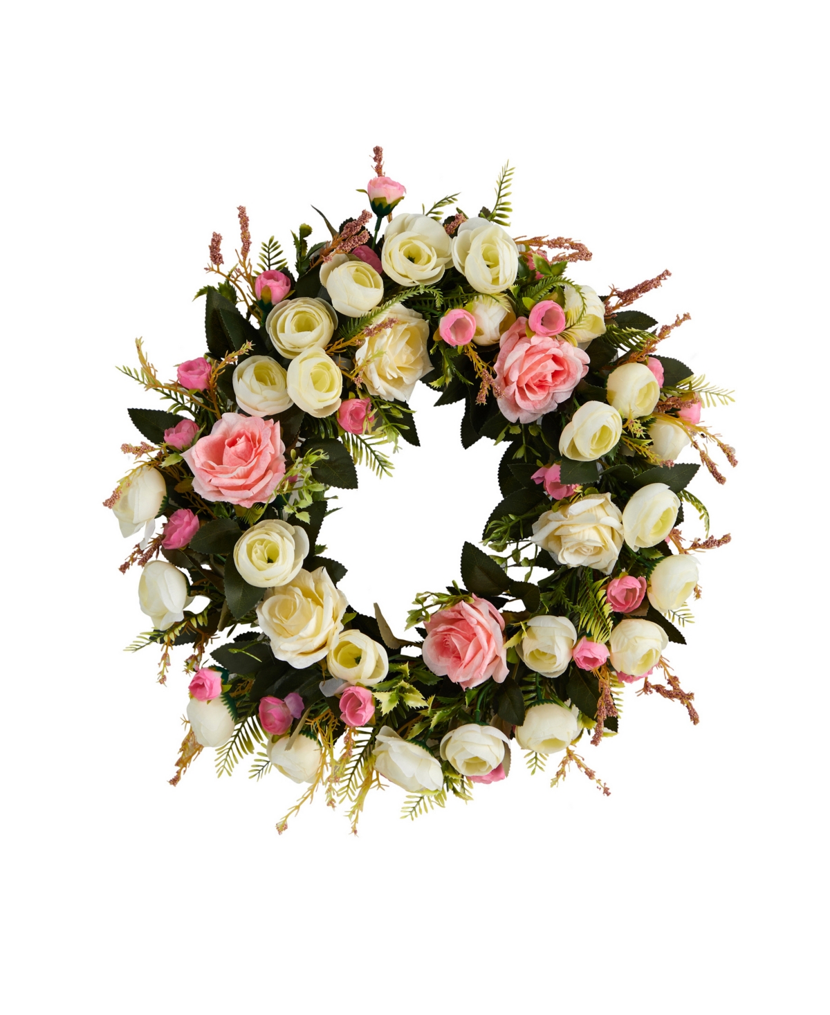 Nearly Natural Rose Artificial Wreath, 20" In Pink