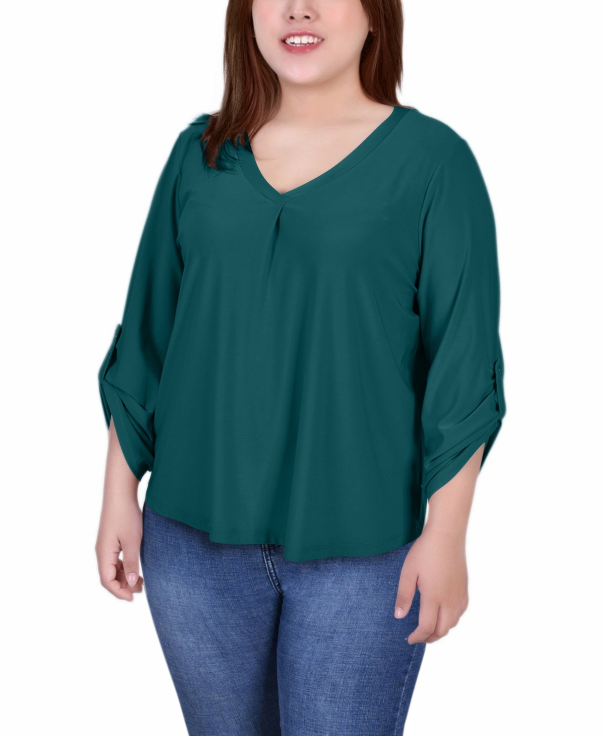 Ny Collection Plus Size 3/4 Sleeve V Neck Top In Emerald