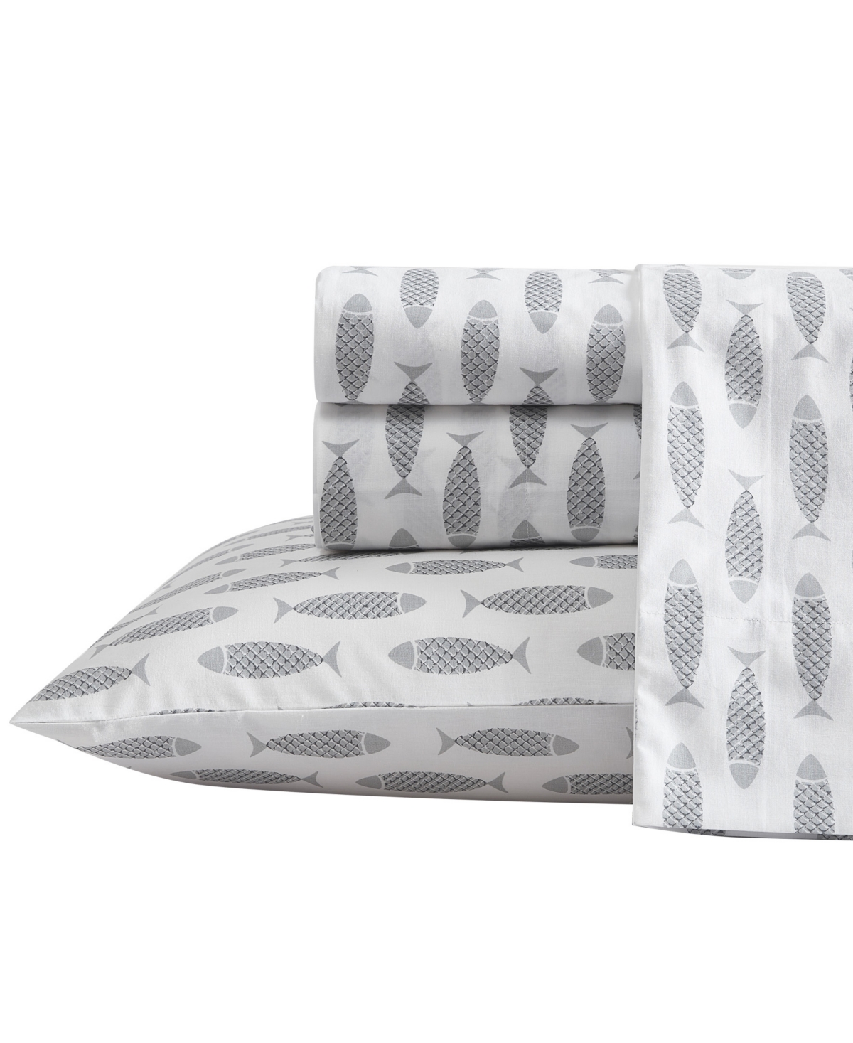 Nautica Woodblock Fish Cotton Percale 4-piece Sheet Set, King In Gray