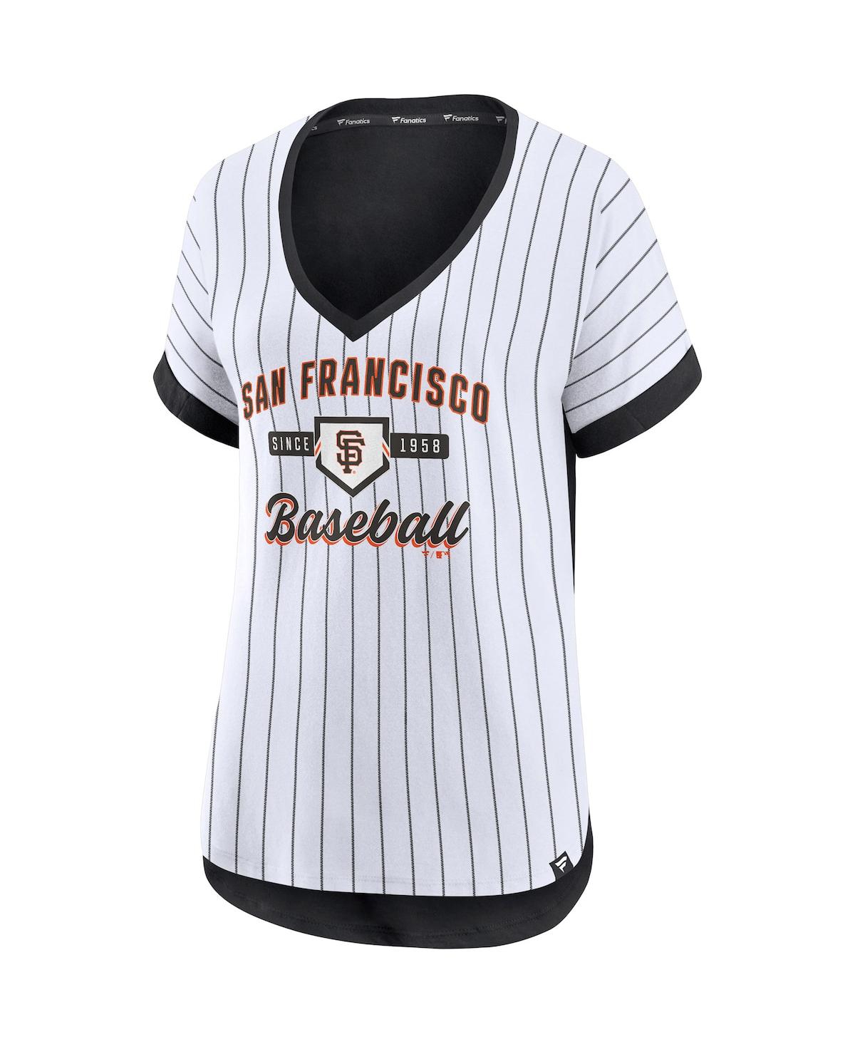 Fanatics Women's  Branded White And Black San Francisco Giants Iconic Noise Factor Pinstripe V-neck T In White,black