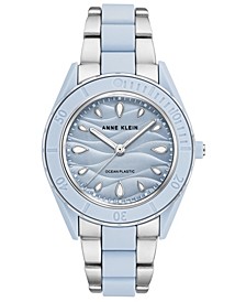 Women's Silver-Tone and Light Blue Solar Ocean Work Plastic Bracelet Watch, 38.5mm