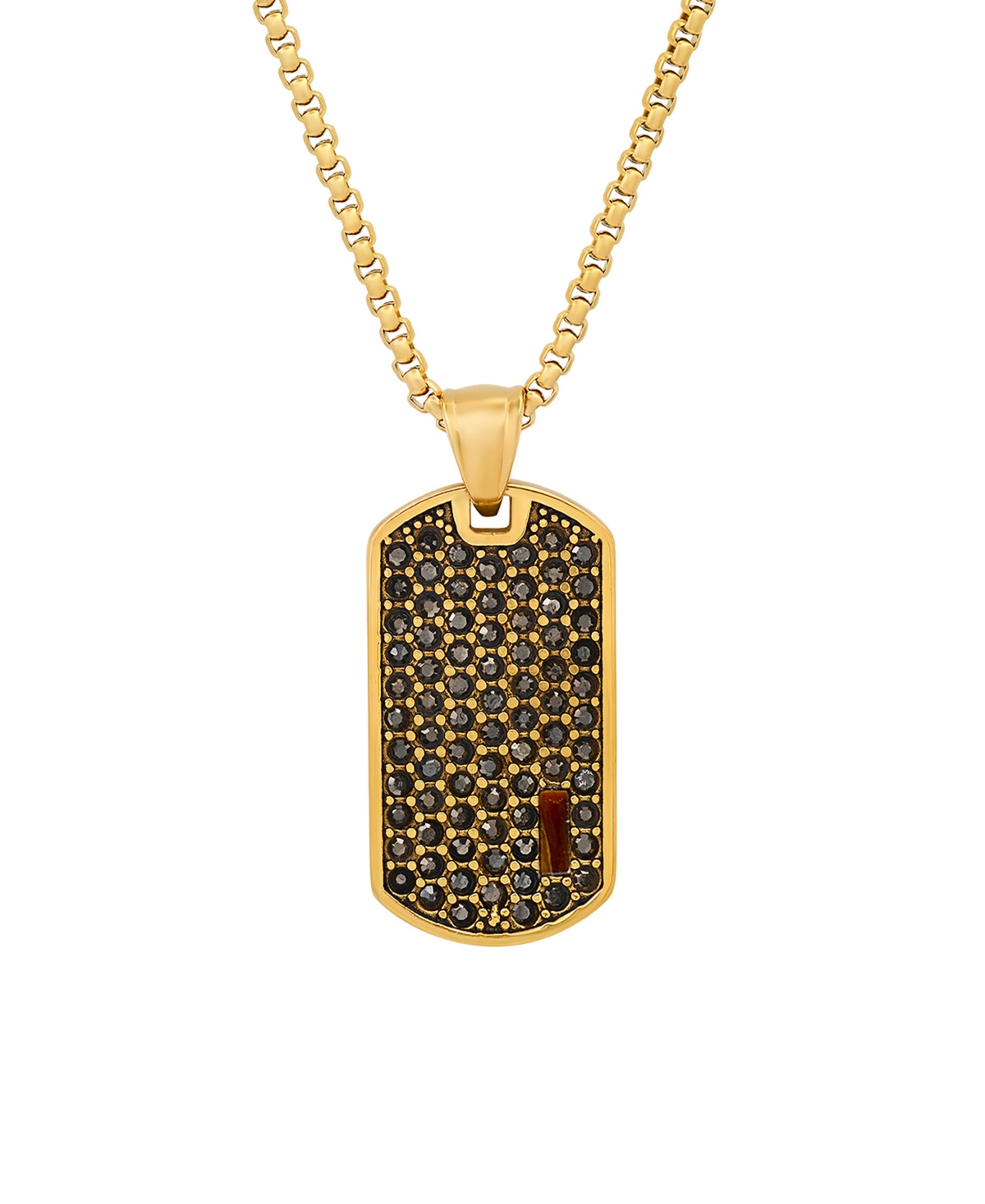 Men's 18k Gold Plated Stainless Steel Simulated Diamonds and Tiger Eye Dog Tag Pendant - Gold Plated