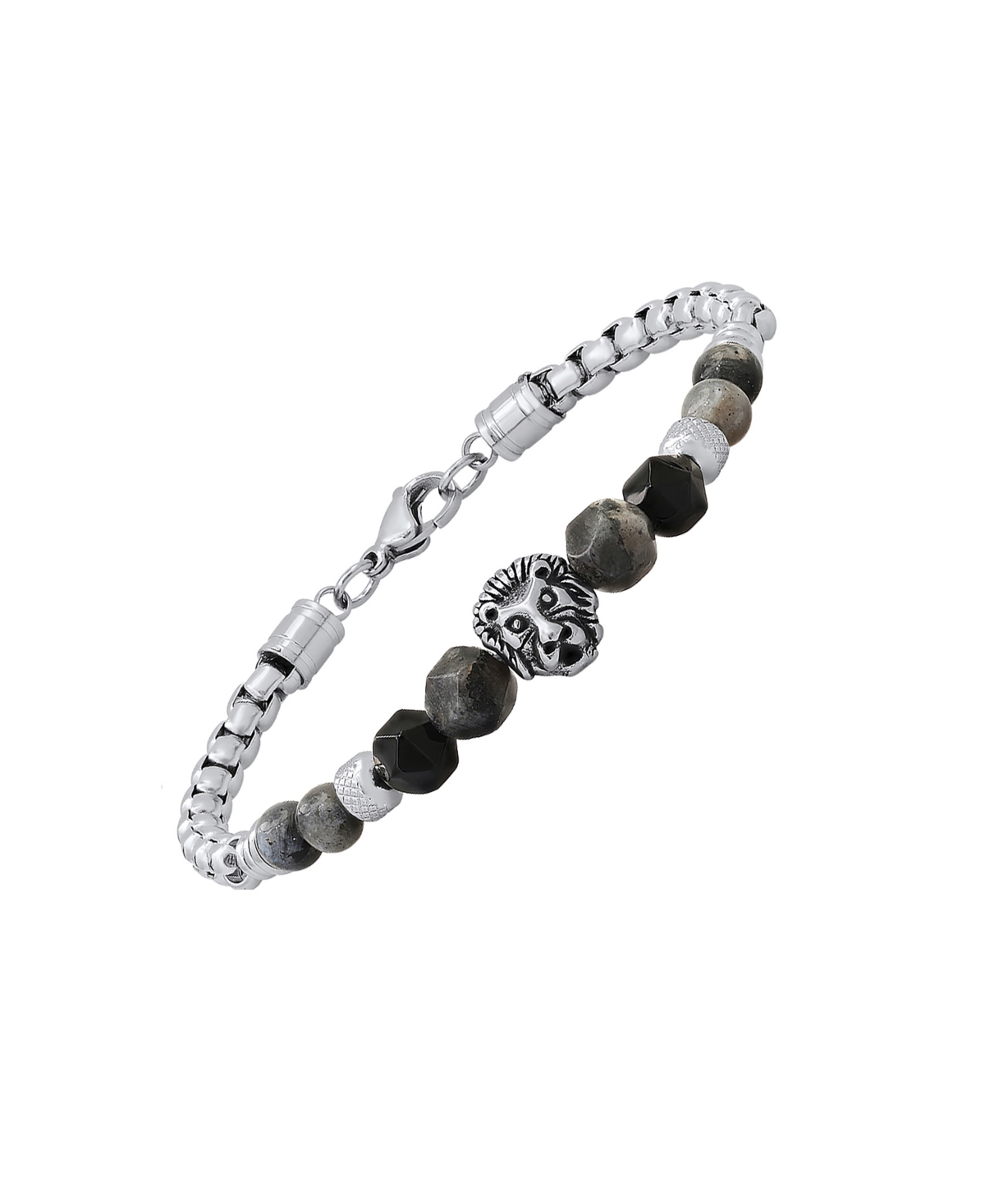 Steeltime Men's Stainless Steel Curb Chain Link Bracelet and Black or Gray Agate Stones with Lion Charm