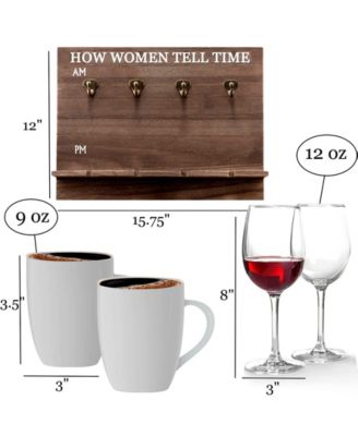 How Women Tell Time Wall Mounted Wine Rack with Wine Glasses and Coffee Mugs, Set of 9