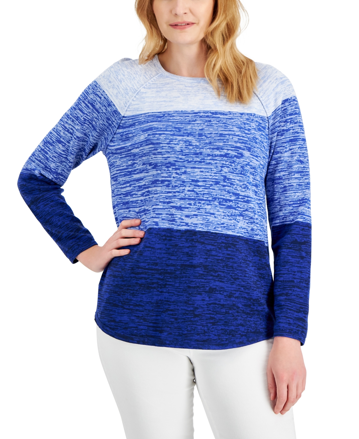 Karen Scott Women's Cotton Colorblocked Sweater, Created For Macy's In Intrepid Blue