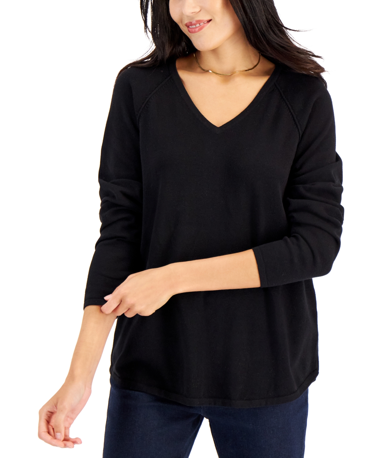 Karen Scott Petite Cotton V Neck Curved Hem Pullover Sweater Created for Macy s Malbec Smart Closet
