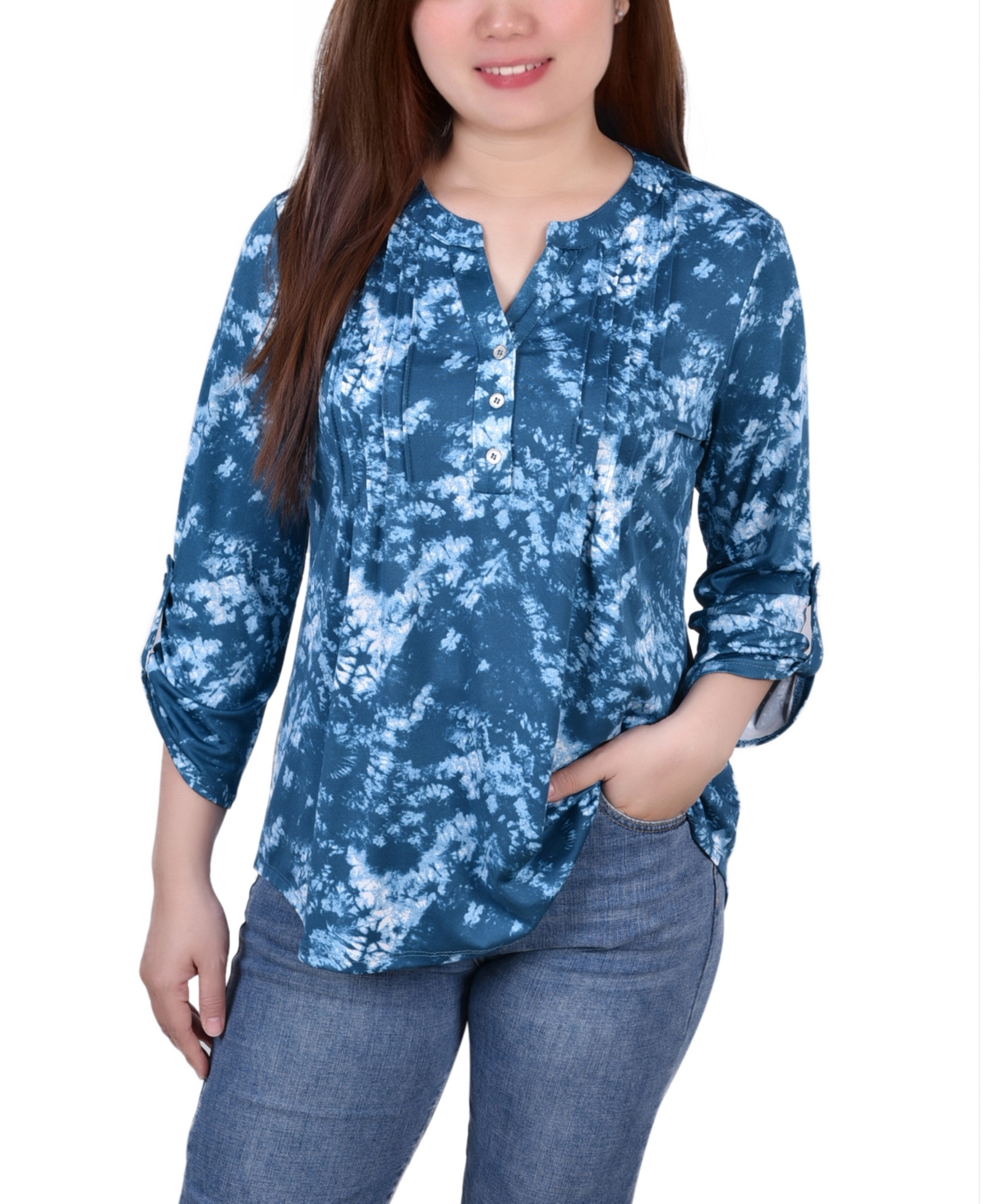 Women's Knit Jacquard 3/4 Sleeve Roll Tab Top - Peacock Blue Tie Dye