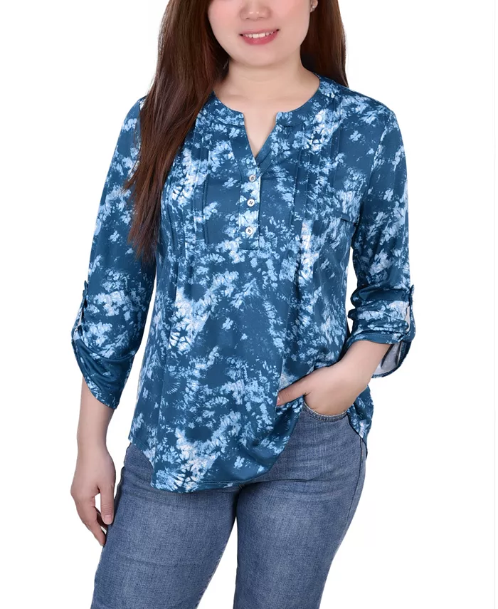 Women's Knit Jacquard 3/4 Sleeve Roll Tab Top