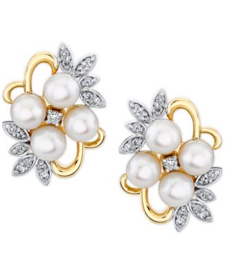 Cultured Freshwater Pearl (4mm) & Diamond (1/6 ct. t.w.) Flower Cluster Stud Earrings in 10k Gold