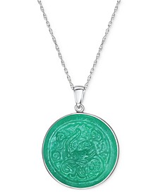 Dyed Green Jade Carved Dragon Disc 18" Pendant Necklace in Sterling Silver