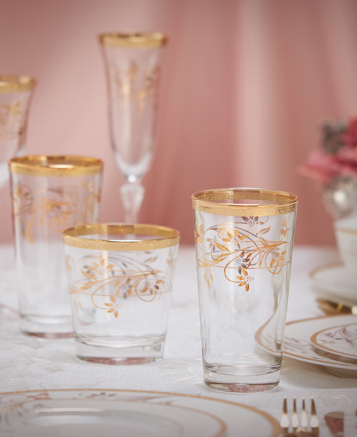 Lorren Home Trends 4 Piece Rosalia Flower High Ball Set - Gold-Tone