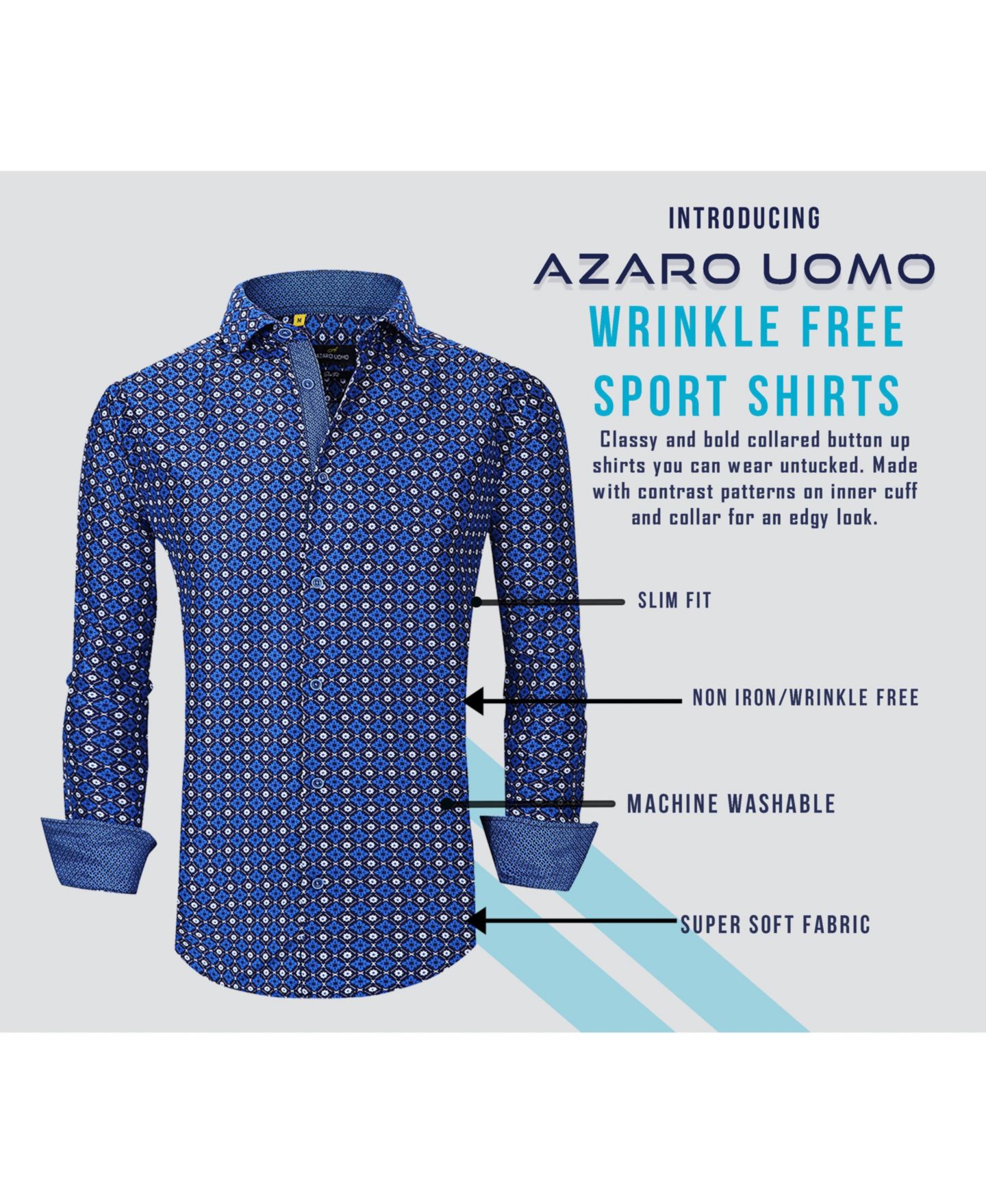 Мужская рубашка Azaro Uomo Business Geometric Long Sleeve Button Down Shirt, цвет: Синий — фото 5