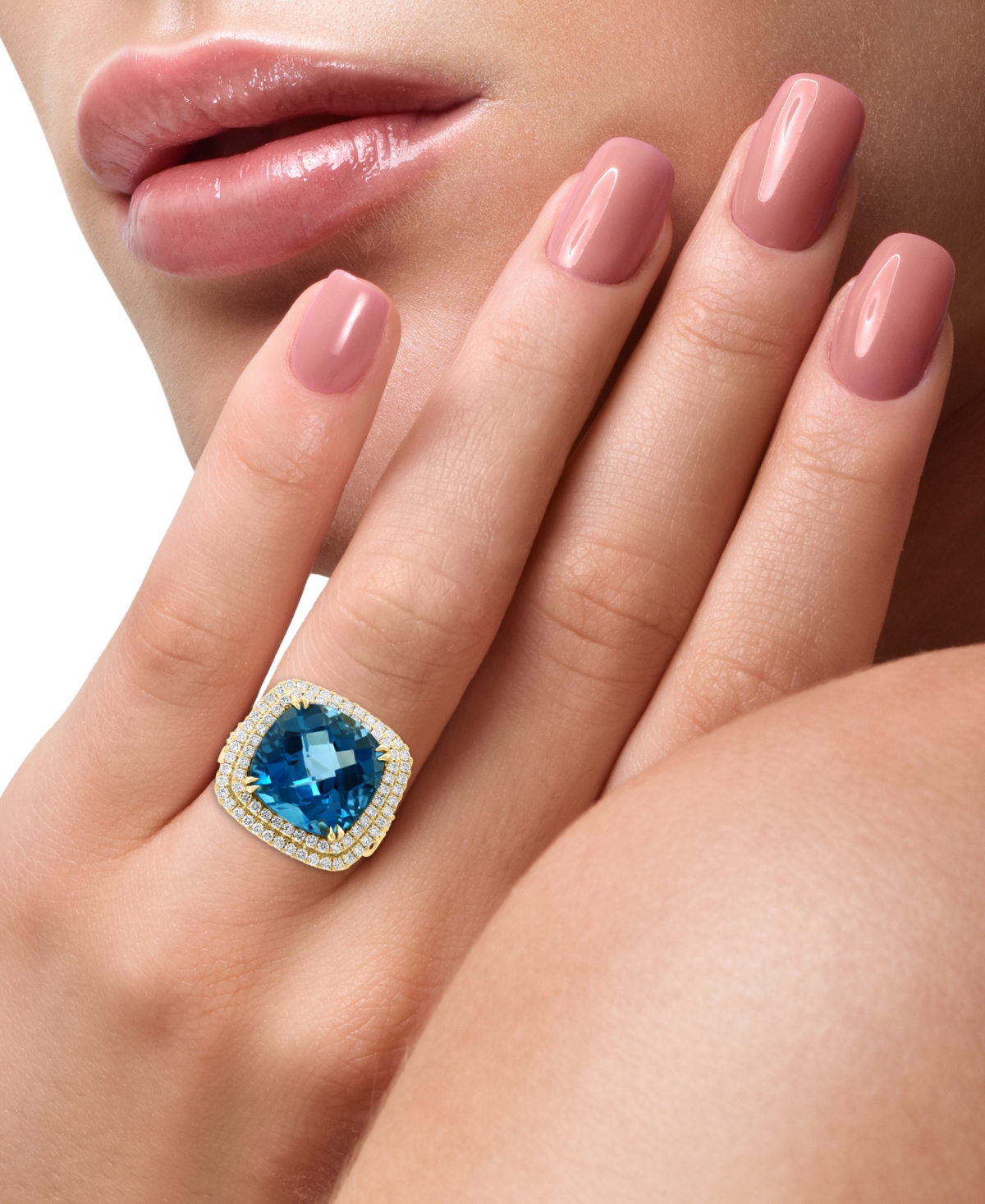 Effy(12-1/3 ct. t.w.) & Diamond (1-1/5 ct. t.w.) Halo Statement Ring in 14k White Gold (Also available in 14k Gold) - London Blue T