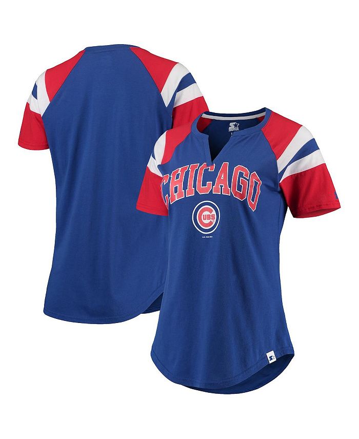Buy the Womens White Striped Chicago Cubs V-Neck Short Sleeve T