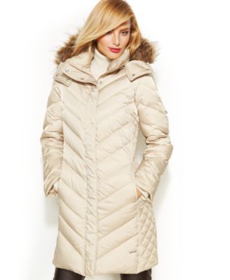 Kenneth Cole Faux-Fur-Trim Chevron Quilted Down Coat 