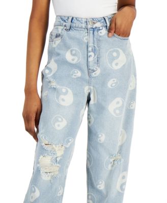 Tinseltown Juniors' Distressed Ying-Yang-Print Mom Jeans