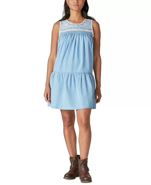 women's embroidered chambray mini dress