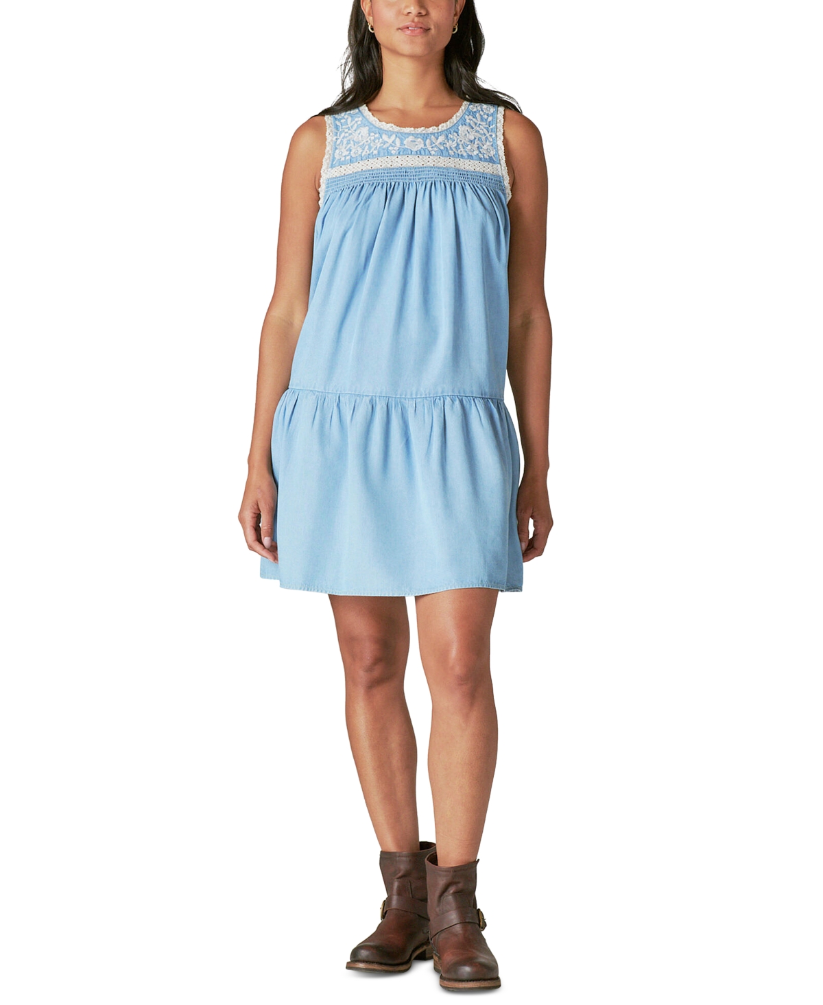 Shop Lucky Brand Women's Embroidered Chambray Mini Dress In Denim