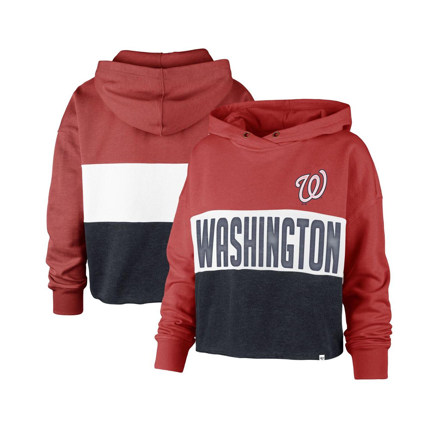 Women's '47 Heathered Red and Heathered Navy Washington Nationals Lizzy Cropped Pullover Hoodie