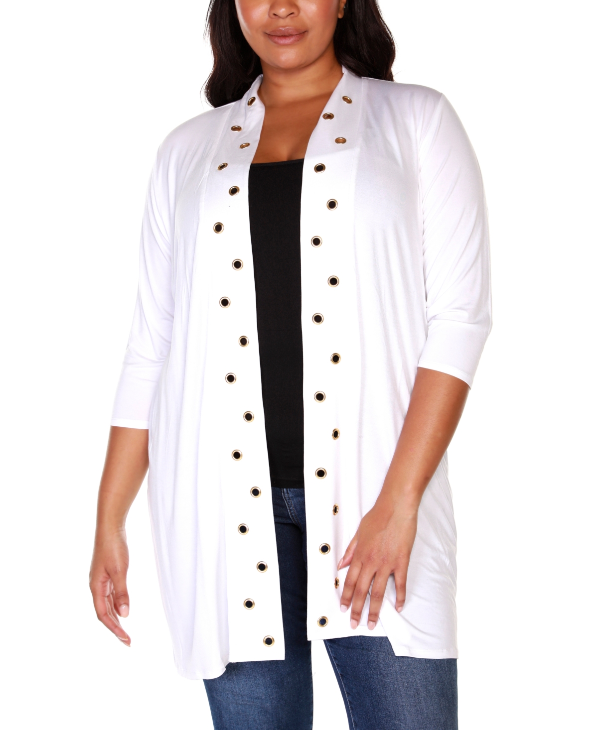 Belldini Plus Size Grommet-trim Duster Cardigan In White,gold