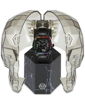 Men's Automatic The $keleton Rainbow Crystal and Black Silicone Strap Watch 44mm