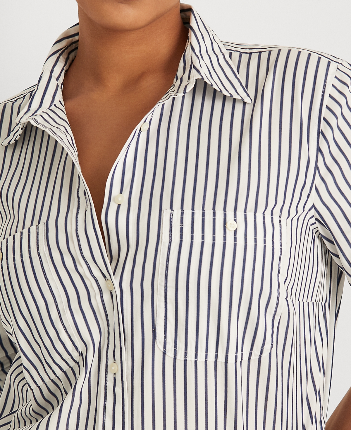 Lauren Ralph Lauren Plus Size Stripe Roll Tab Button-Down Shirt -Blue