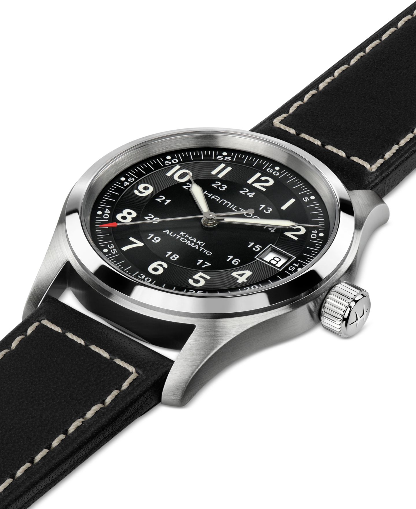 Мужские часы Hamilton Swiss Automatic Khaki Field Black Leather Strap Watch 38mm — фото 3