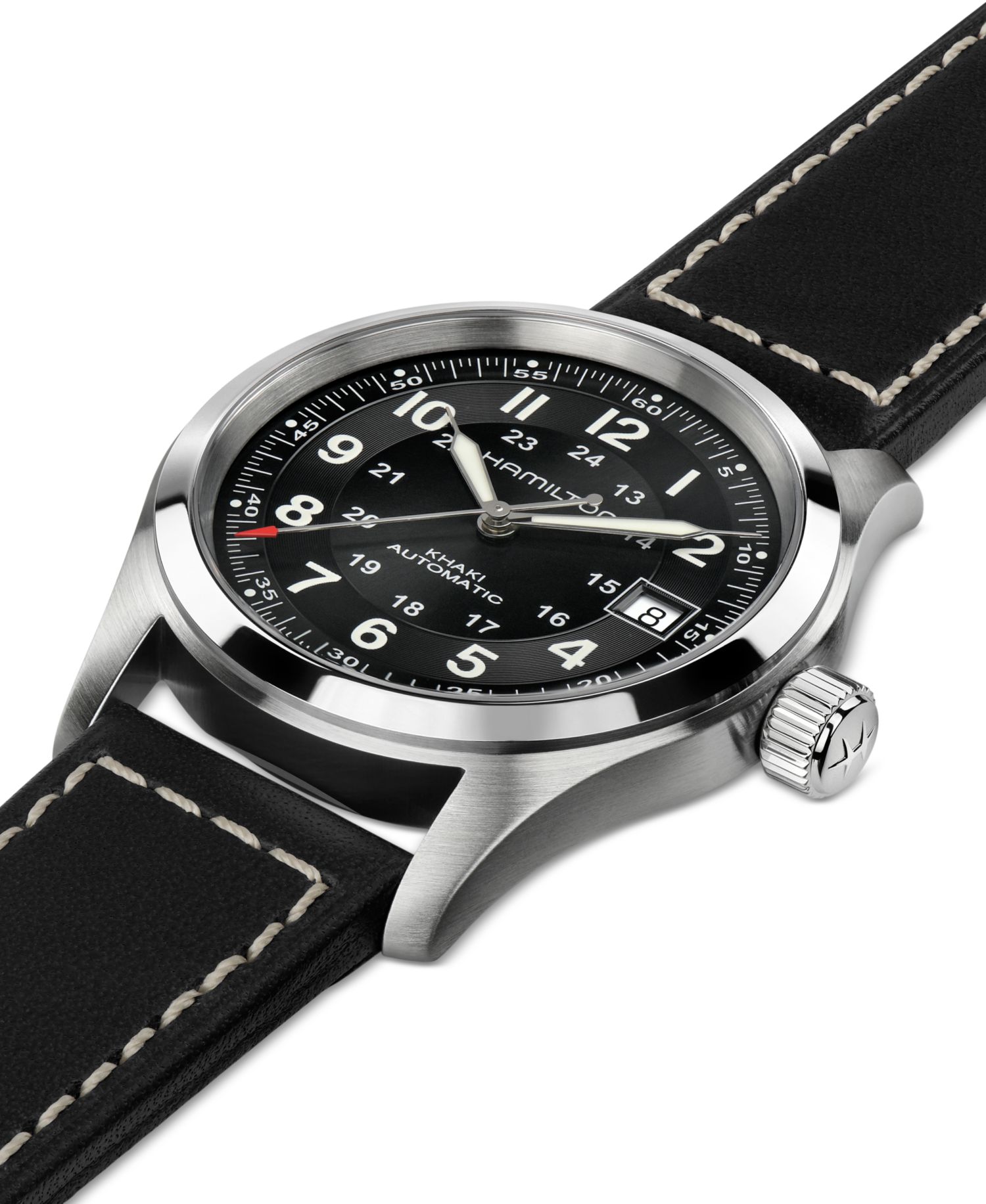 Men's Swiss Automatic Khaki Field Black Leather Strap Watch 38mm