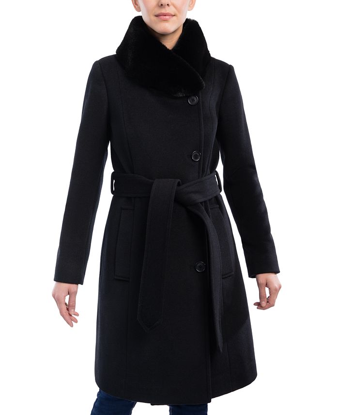 Anne Klein Womens Belted Faux Fur Trim Wrap Coat And Reviews Coats And Jackets Women Macys
