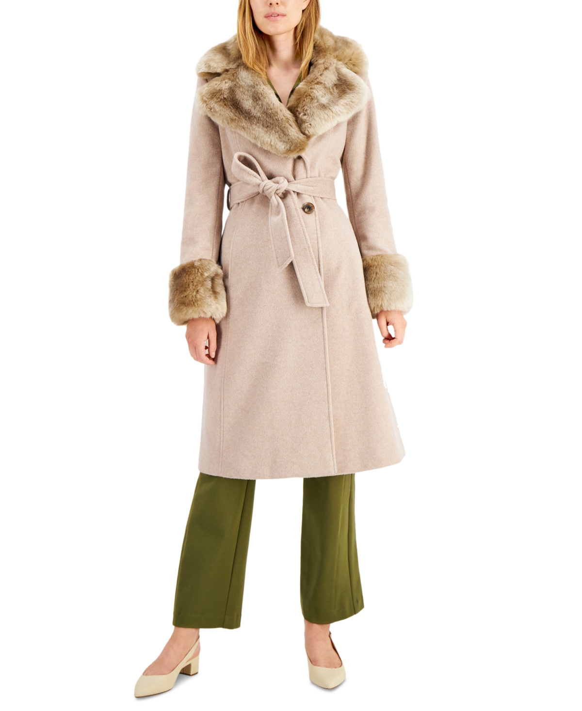 Via Spiga Women s Faux Fur Trim Belted Wrap Coat Smart Closet