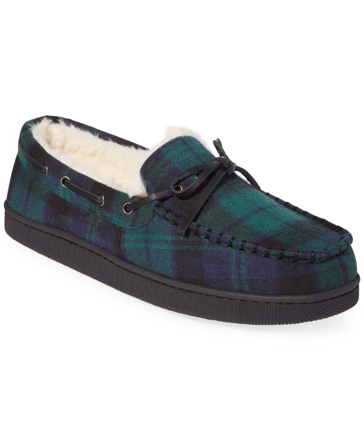 Men's Plaid Moccasin Slippers with Faux-Fur Lining, Created for Macy's - Green/blue