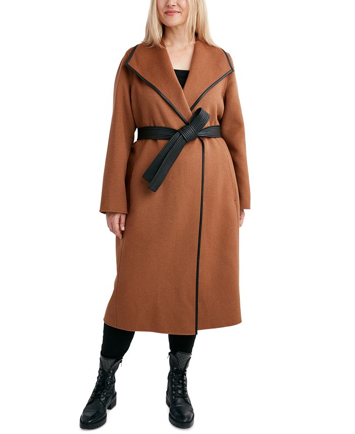 Tahari Women's Plus Size FauxLeatherTrim Belted Wrap Coat, Created