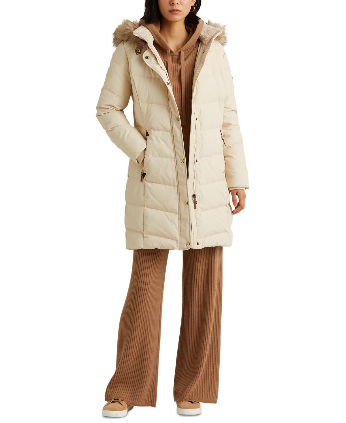 Lauren Ralph Lauren Women's Faux-fur-trim Hooded Down Puffer Coat, Created For Macy's In Moda Cream