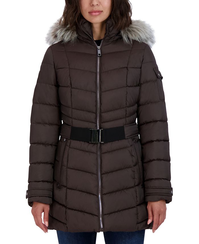 Vince Camuto Womens Faux-Fur-Trim Hooded Puffer Coat Water