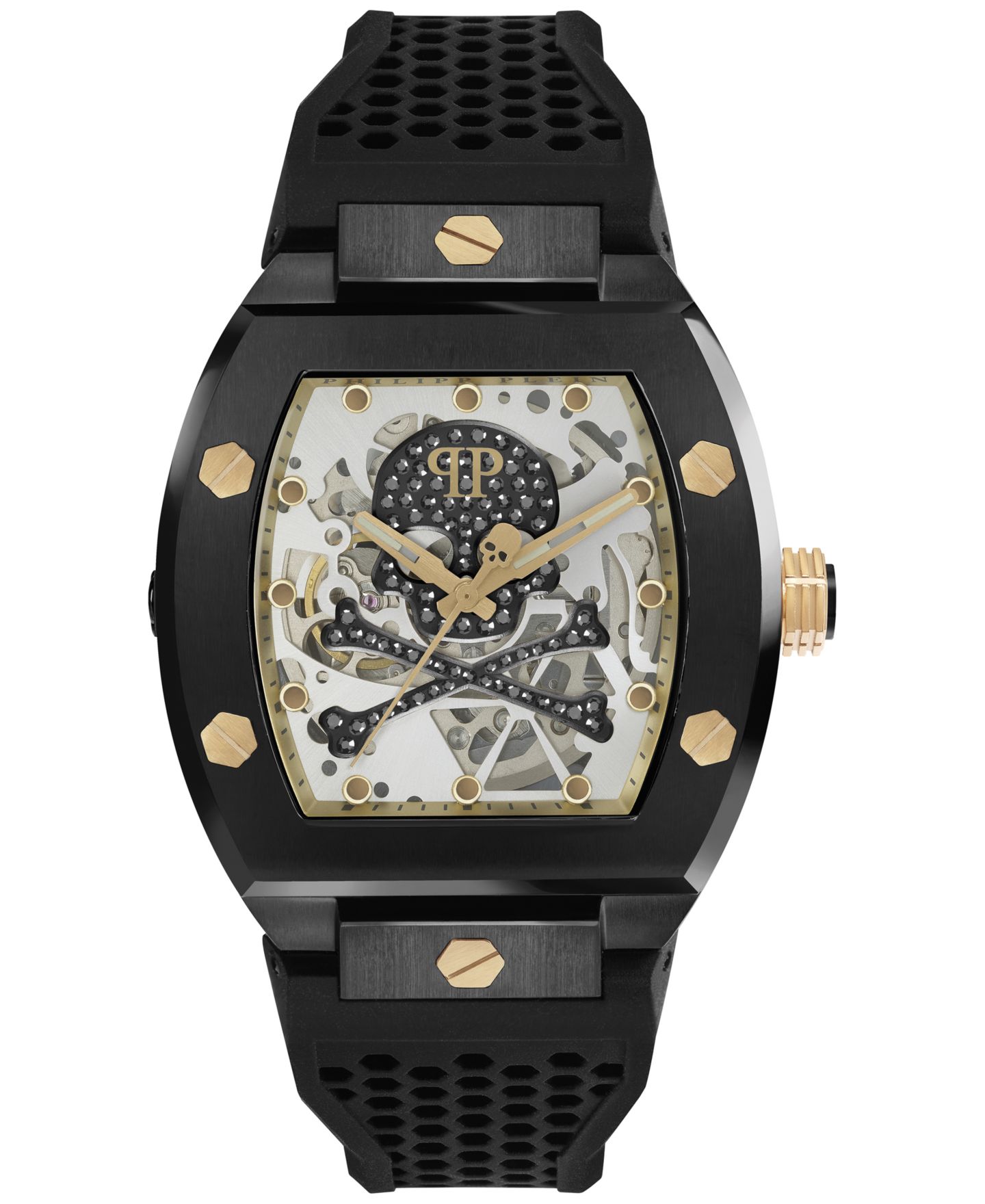 Мужские часы Philipp Plein Automatic The $keleton Black & Gold-Tone Tonneau Strap Watch 44mm — фото 1