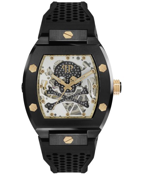 Мужские часы Philipp Plein Automatic The $keleton Black & Gold-Tone Tonneau Strap Watch 44mm