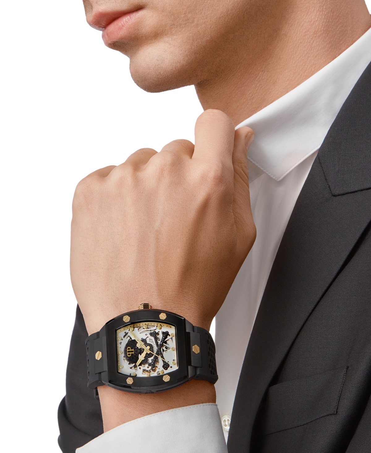 Shop Philipp Plein Men's Automatic The $keleton Black & Gold-tone Tonneau Strap Watch 44mm In Ip Black