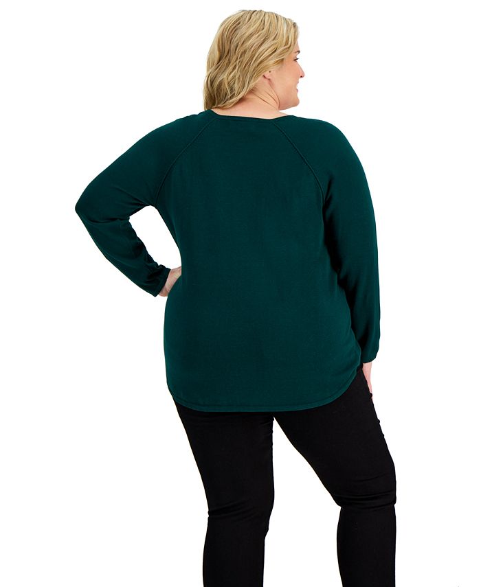 Karen Scott Plus Size Cotton VNeck CurvedHem Sweater, Created for