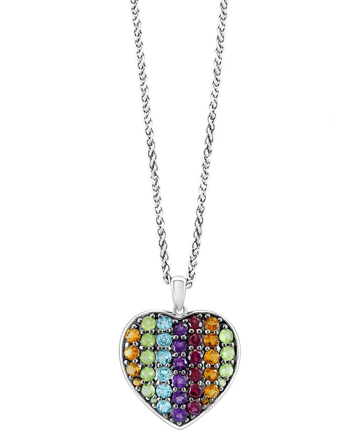 EFFY Collection - Multi-Gemstone Pav&eacute; Heart 18" Pendant Necklace (4-1/4 ct. t.w.) in Sterling Silver