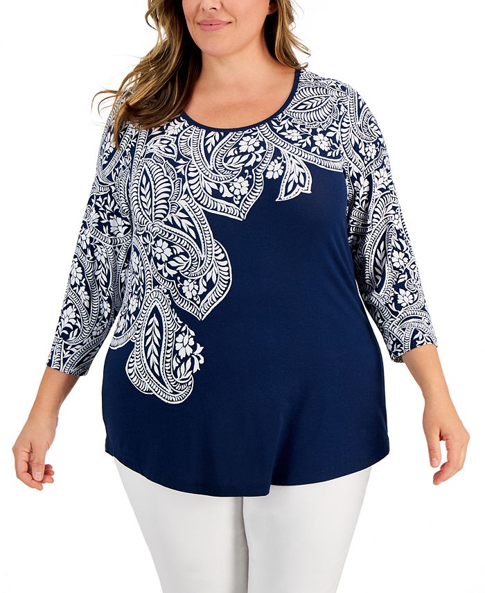 JM Collection Plus Size Lucia Paisley 3/4Sleeve Top, Created for Macy