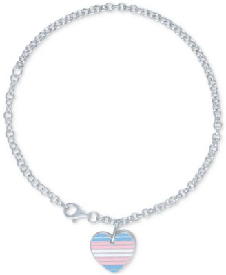 Diamond Accent & Rainbow Enamel Pride Double Heart Charm Bracelet in Sterling Silver