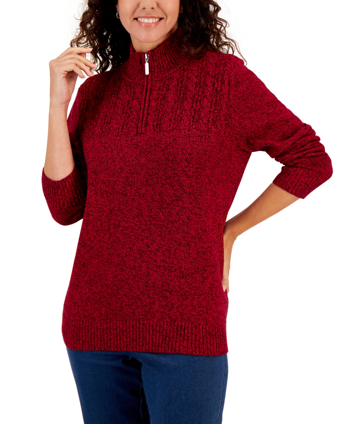 Women's Cotton Quarter-Zip Sweater, Created for Macy's - New Red Amore Marl