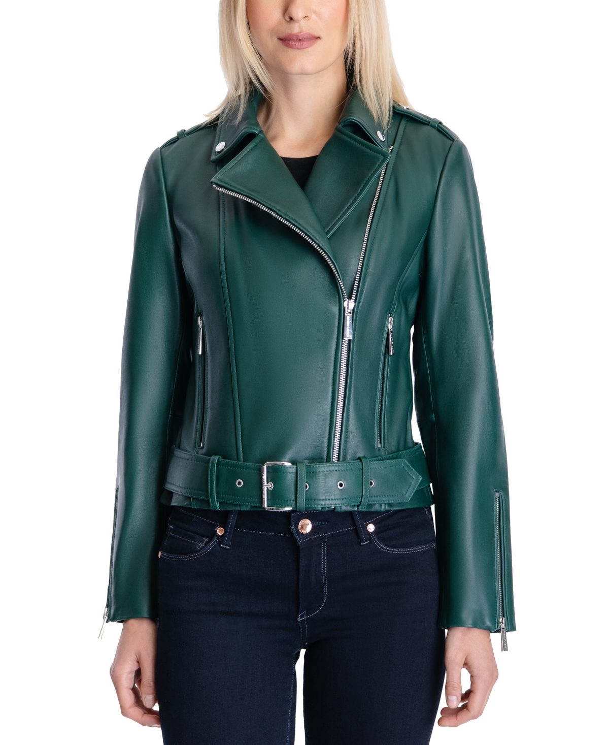 Michael Kors Michael  Women's Belted Leather Moto Coat, Created For Macy's In Dark Emerald