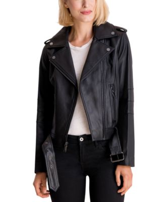 Women's Black Leather Biker Jacket, White and Black Print Hoodie, Black  Leggings, Grey Uggs