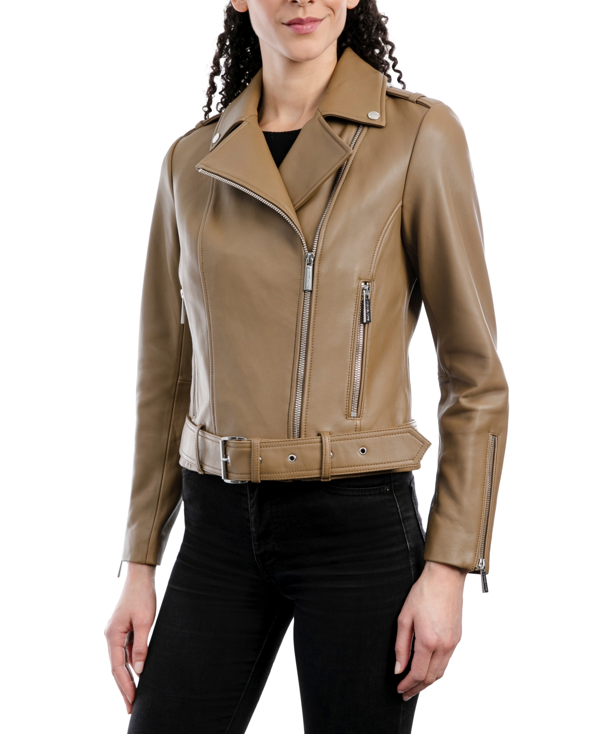 Michael Kors Michael  Women's Belted Leather Moto Coat, Created For Macy's In Husk