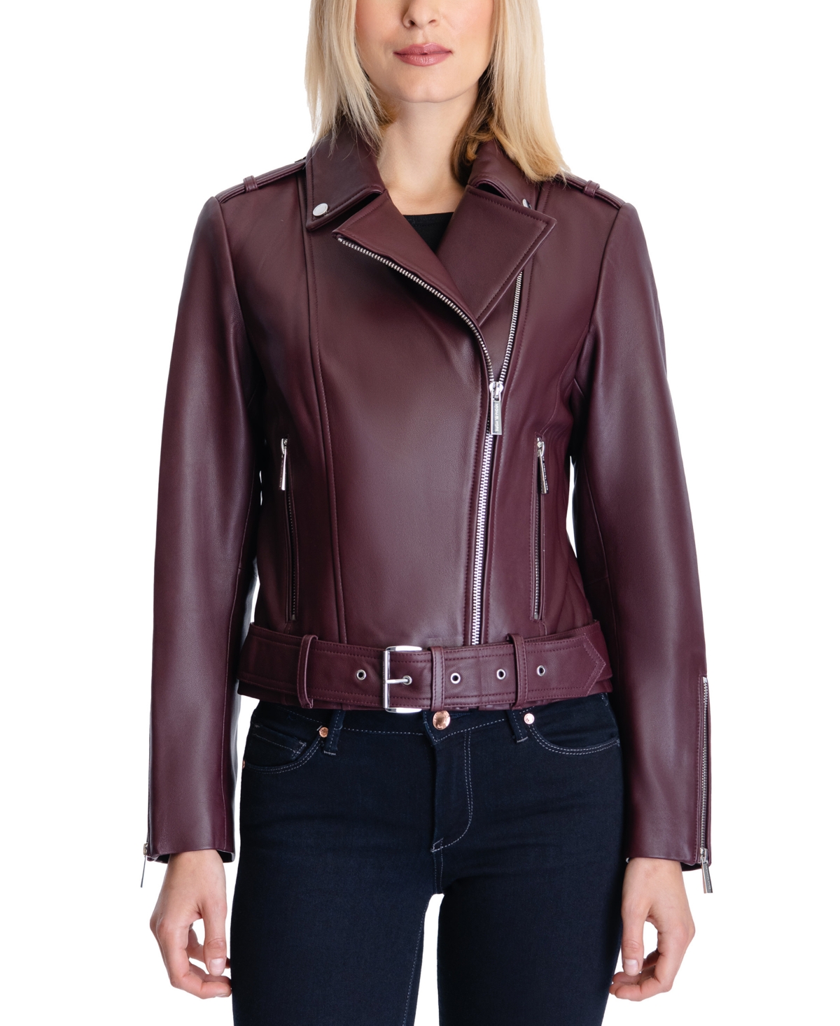 Michael Kors Michael  Women's Belted Leather Moto Coat, Created For Macy's In Dark Berry