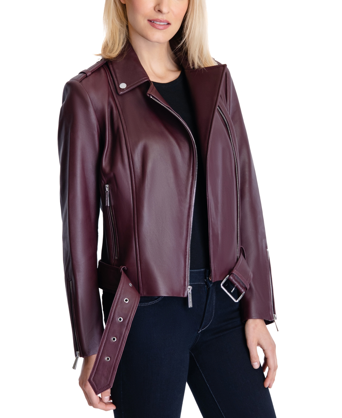 Michael Michael Kors Women's Belted Leather Moto Coat, Created for Macy's