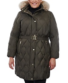Plus Size Quilted Belted Hooded Puffer Coat