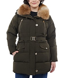 Women's Plus Size Belted Faux-Fur-Collar Down Puffer Coat, Created for Macy's