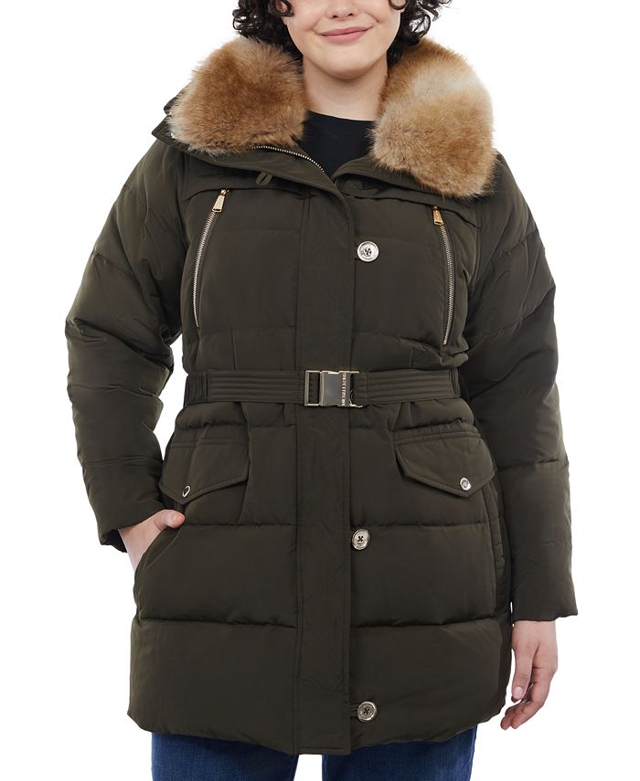 Michael Kors Women's Plus Size Belted Faux-Fur-Collar Down Puffer Coat ...